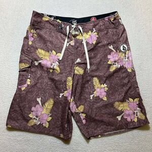 Volcom Men's Board Shorts Size 34 Brown Purple Tropical Floral Skull Print V2S